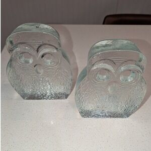 Vintage Owl Bookends Glass Mid Century Scandinavian Style Clear Textured Set 5"